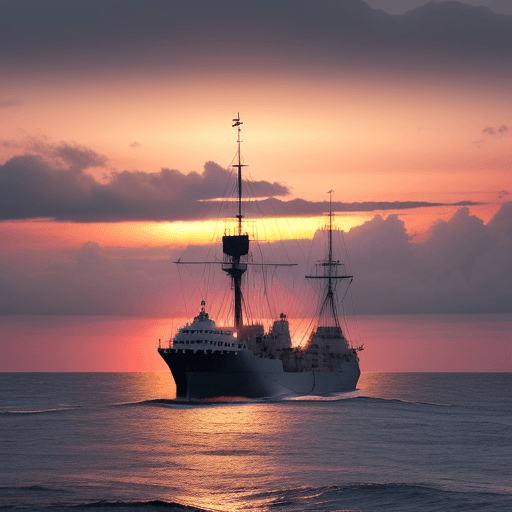 AI generated: frigate at sea against the backdrop of sunset