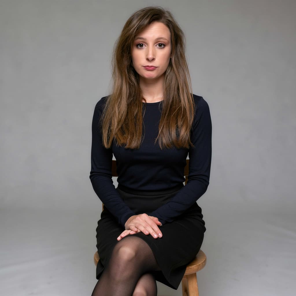 AI generated: Black stockings and skirt, close-up, real life, lady model sitting, professional photo shoot, --ar 9...