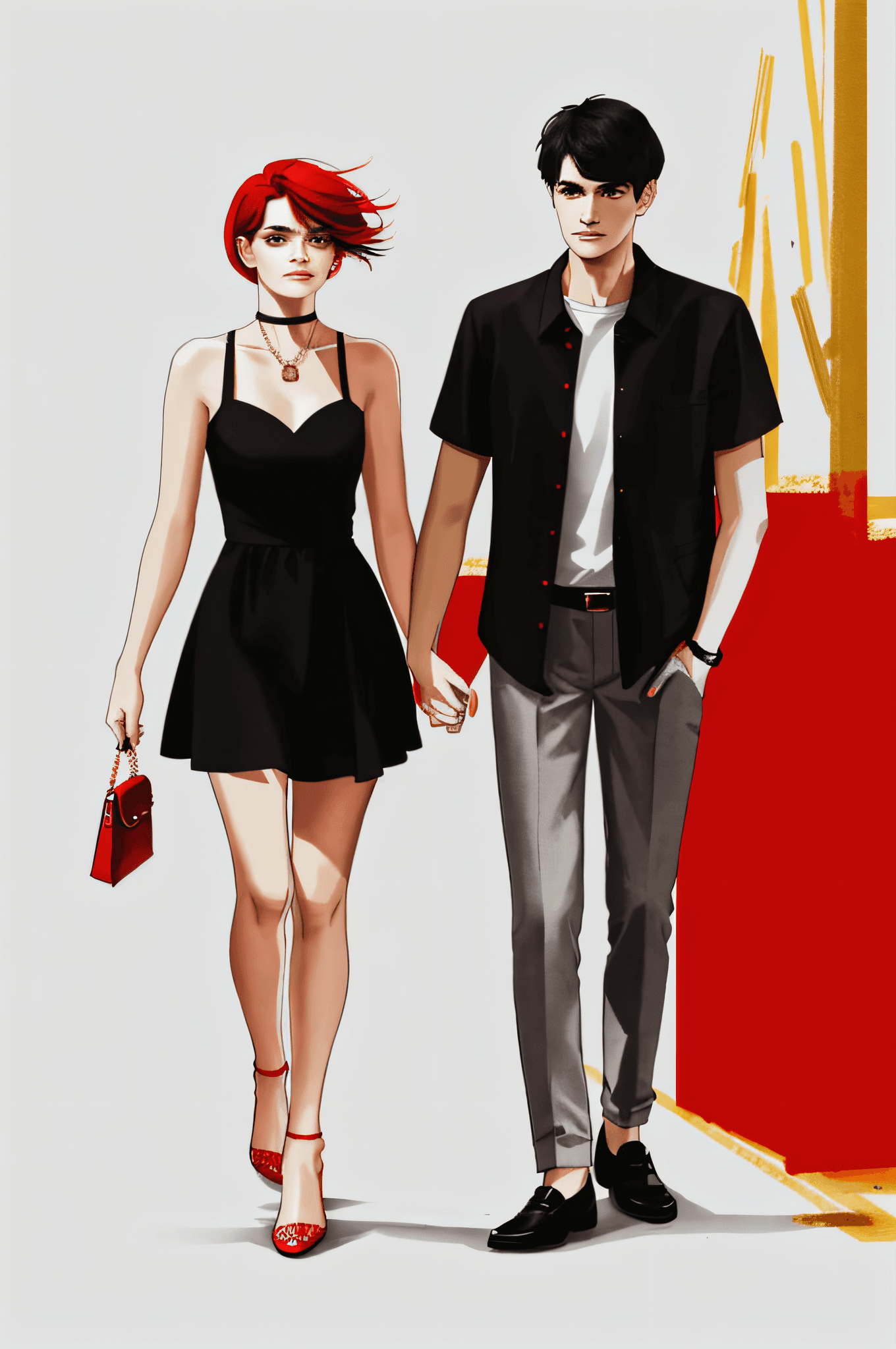 AI generated: (woman and man, black short hair, red tips) ,night, from behind, shoes, holding hands
