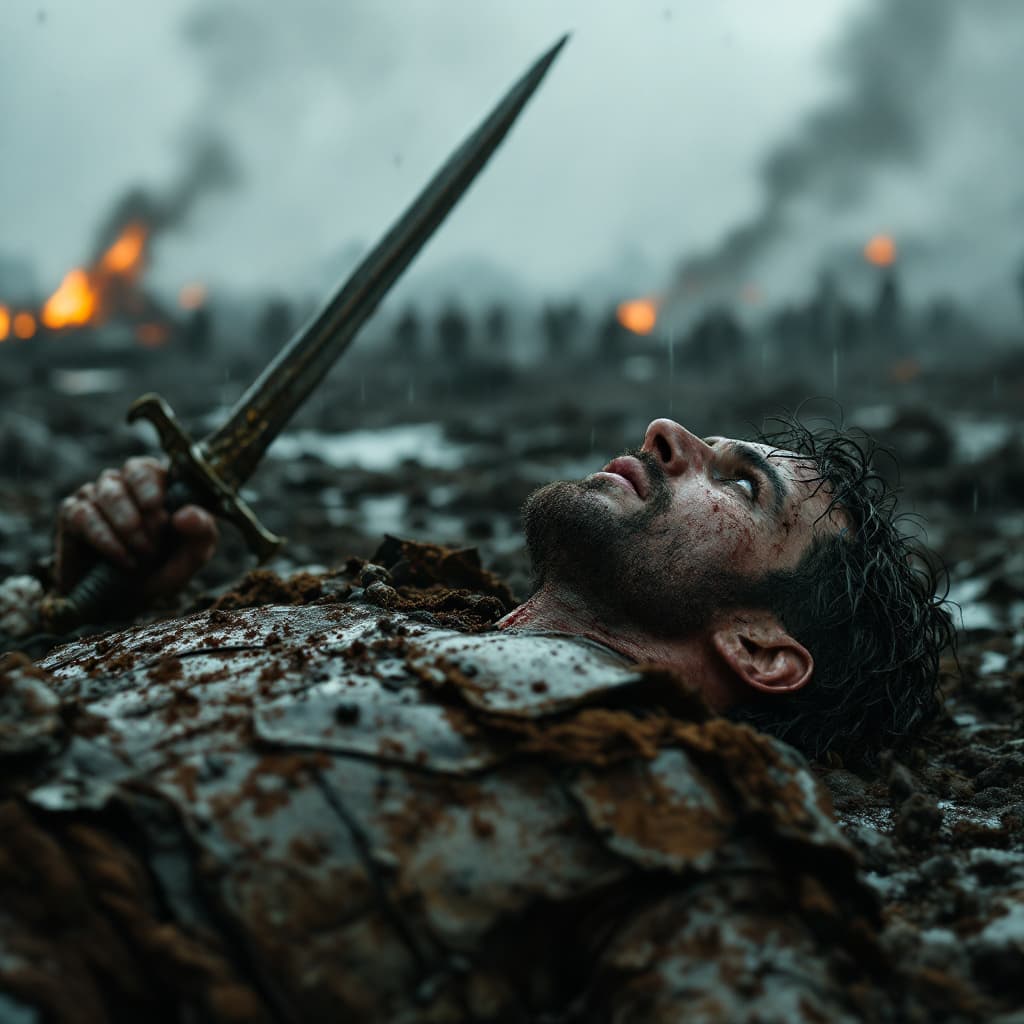 AI generated: A fallen warrior lies on a muddy battlefield, his armor dented and covered in grime, his sword barel...
