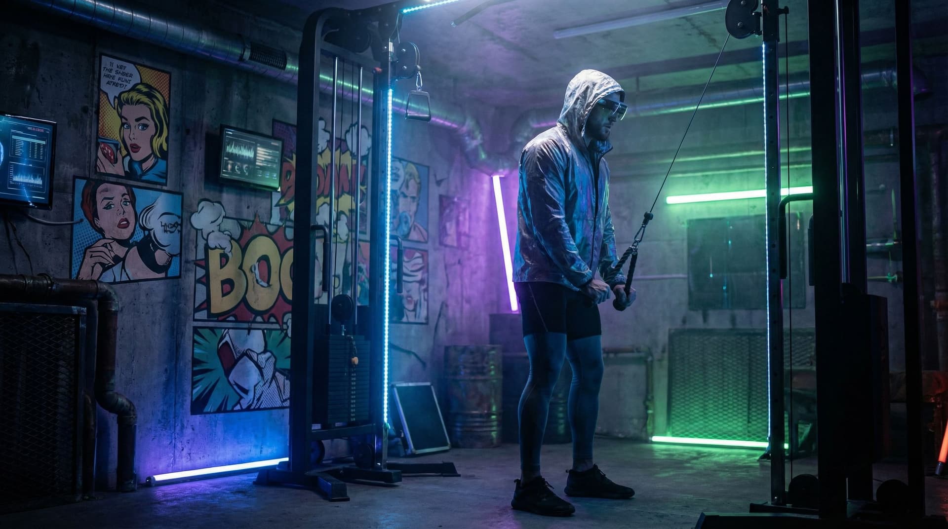 AI generated: Cinematic photography cyberpunk style male athlete at the gym neon colors, realistic details, ultra ...