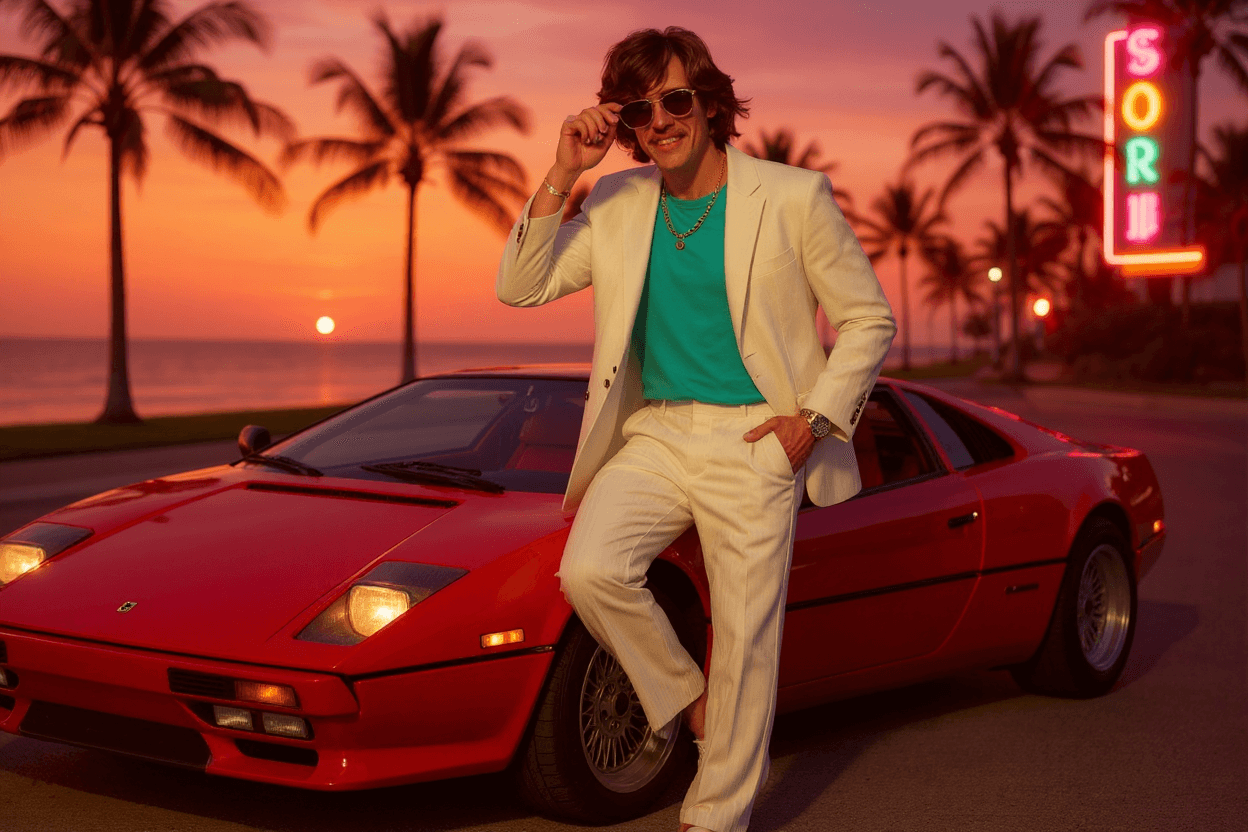 AI generated: Subject: A charismatic late-30's man. Clothing: WHITES linen blazer (sleeves rolled up) , turquoise ...