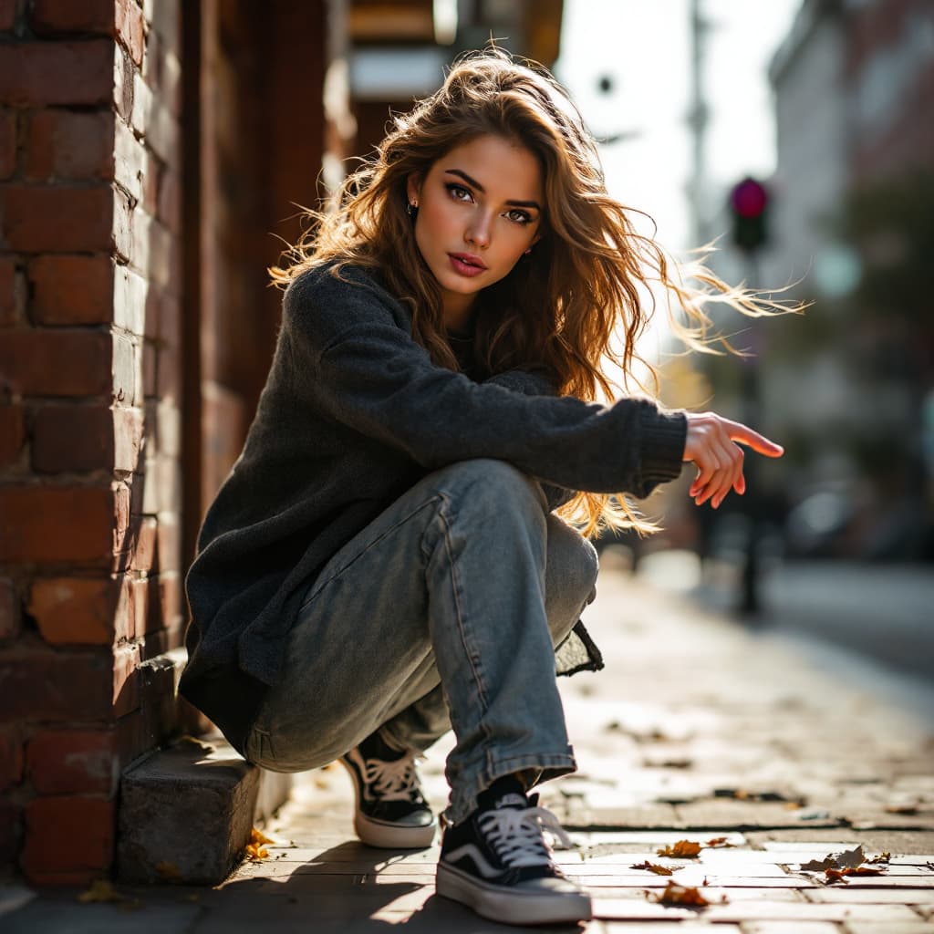 AI generated: photography, dynamic shooting, distance range, front shot, professional woman model, staring to came...