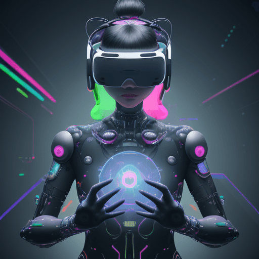 AI generated: Digital painting of a person wearing a VR headset, immersed in the metaverse, surrounded by floating...