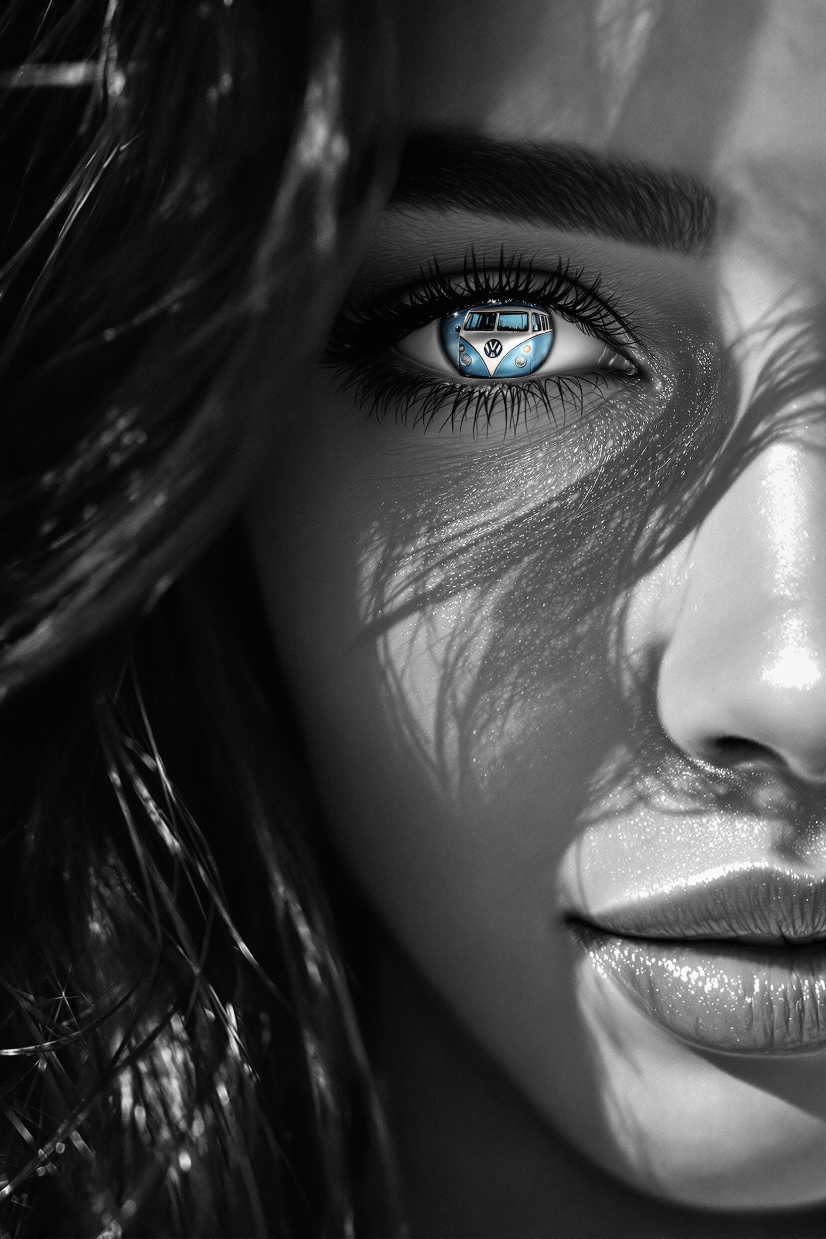 AI generated: a photo realistic, master black and white photo of a beautiful Brazilian, dark haired model's comple...