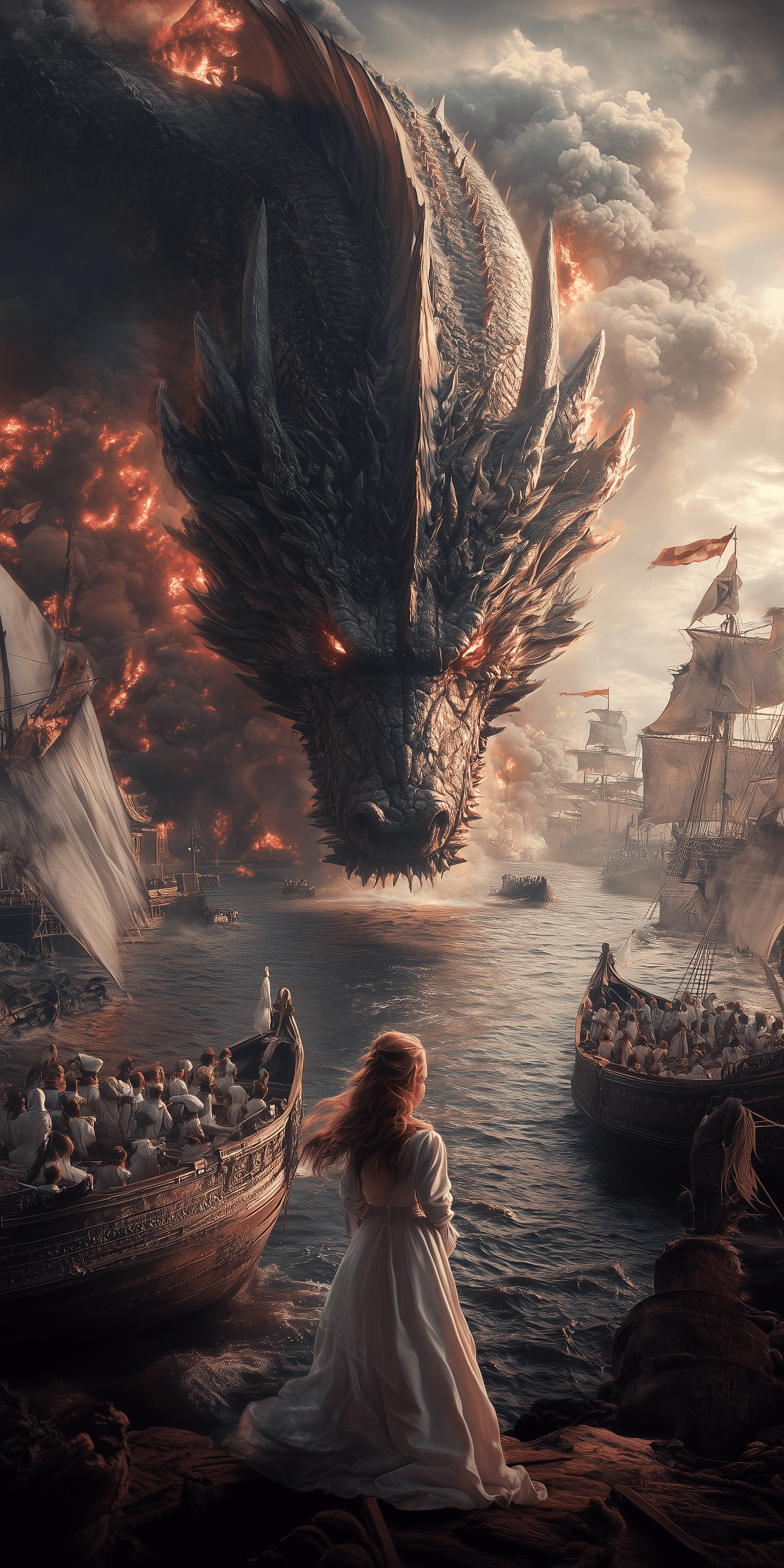 AI generated: A massive dragon with glowing eyes and sharp teeth looms over the river, people in white ancient cos...