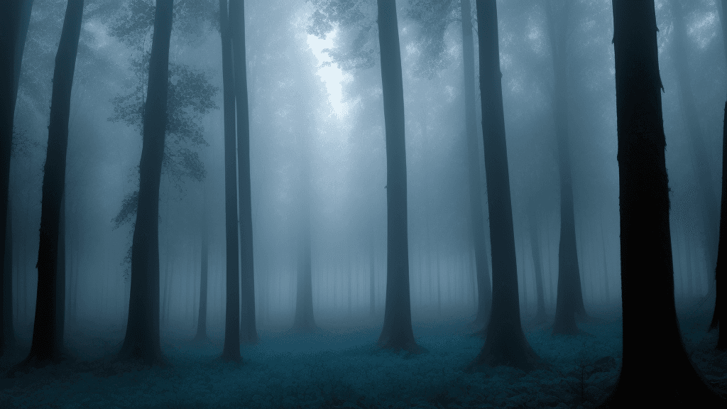 AI generated: Dark forest with foggy background and blue sky.