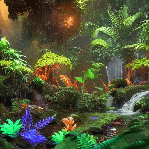 AI generated: Design a lush alien jungle with exotic flora, glowing plants, and a mysterious waterfall with biolum...