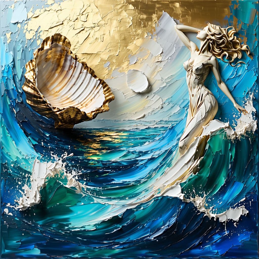 AI generated: An oil on canvas painting of The Birth of Venus, reimagined with a palette knife technique. The scen...