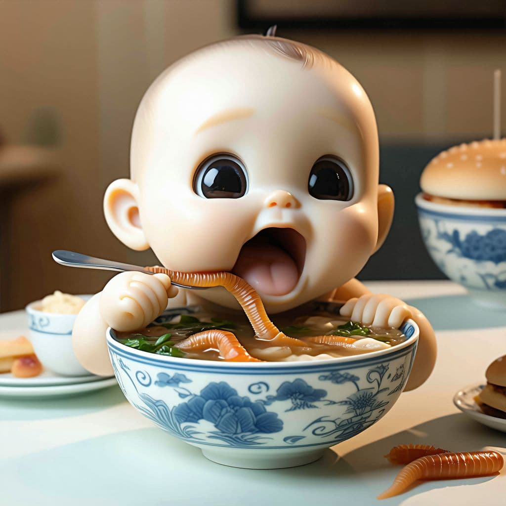 AI generated: babytron eating worm soup, medium quality