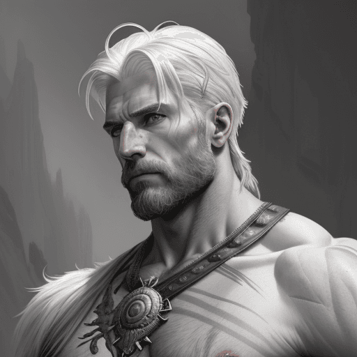 AI generated: painted portrait of torn, god of war, nordic god, white hair, masculine, mature, handsome, upper bod...