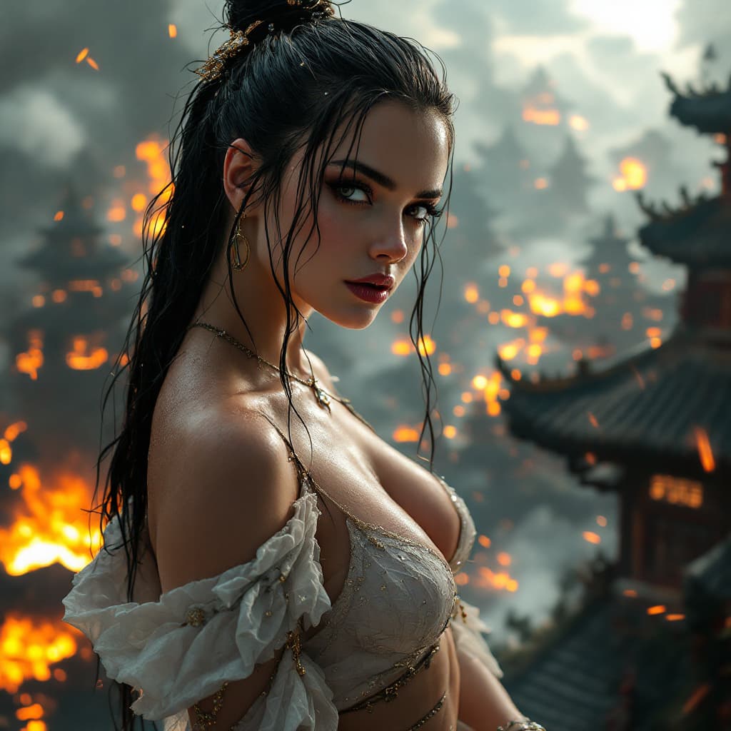 AI generated: Margot Elise Robbie at modern cyberpunk fantasy world.Covered in sweat,wet hair,she's clad in 
princ...