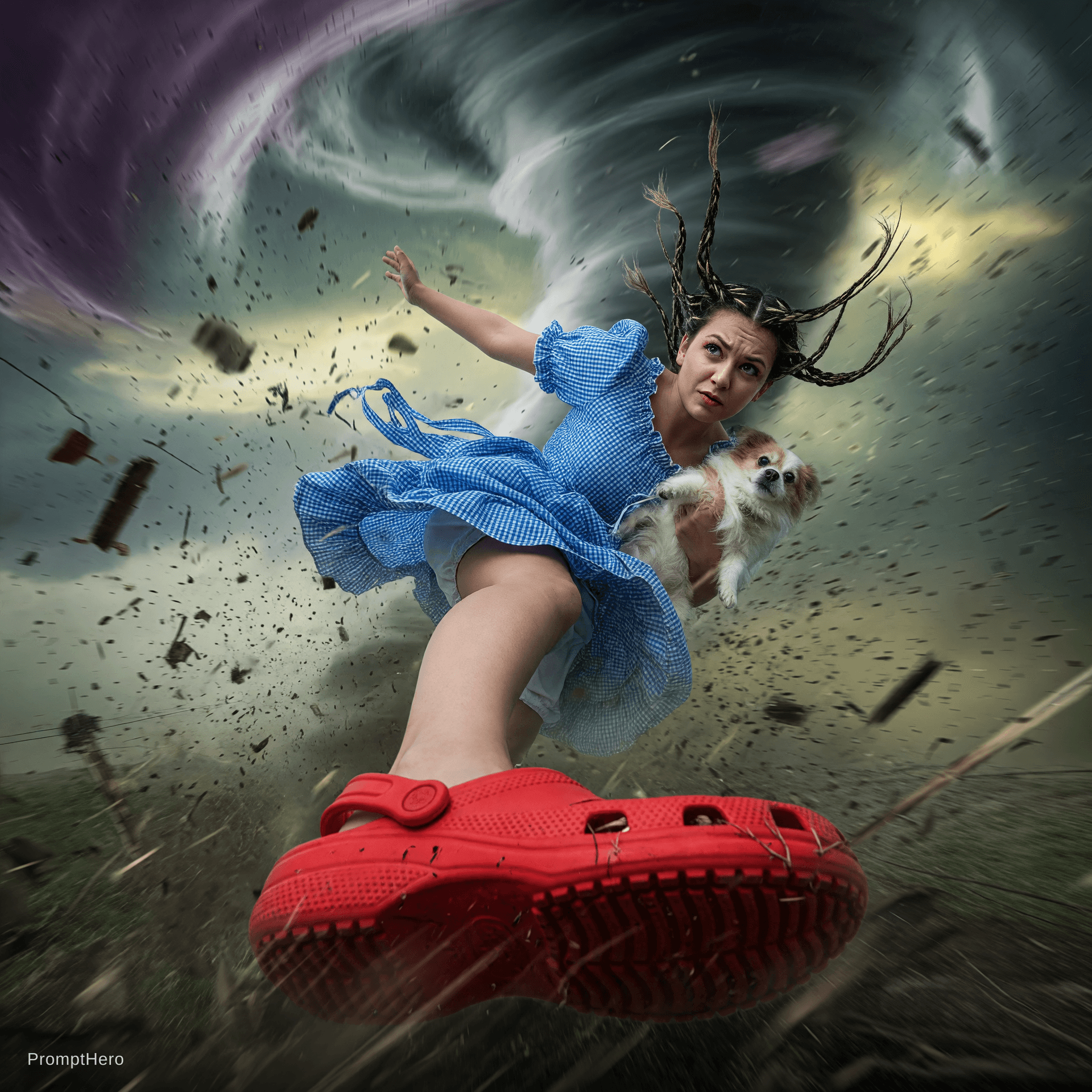 AI generated: {
  "scene": {
    "setting": "inside a swirling tornado",
    "mood": "dramatic and surreal",
    "...