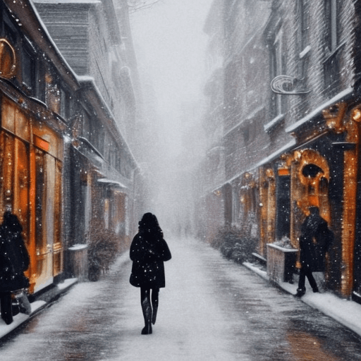 AI generated: Imagine a winter scene with a woman walking down a bustling city street. She is wearing a colorful c...