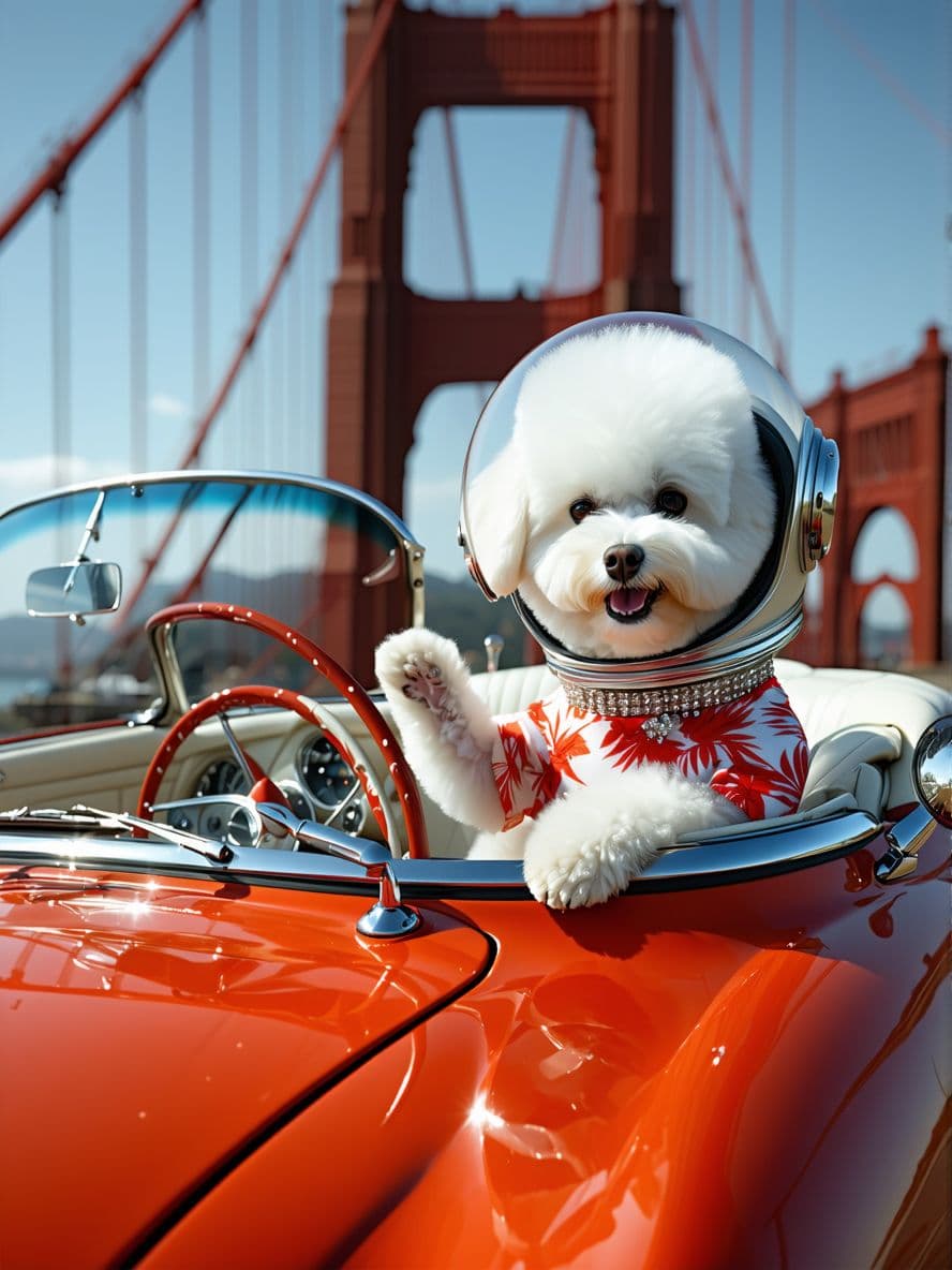 AI generated: (Fluffy cream-colored Bichon Frise:1.3) sporting a (Hawaiian print muumuu:1.2) and (bejeweled dog co...