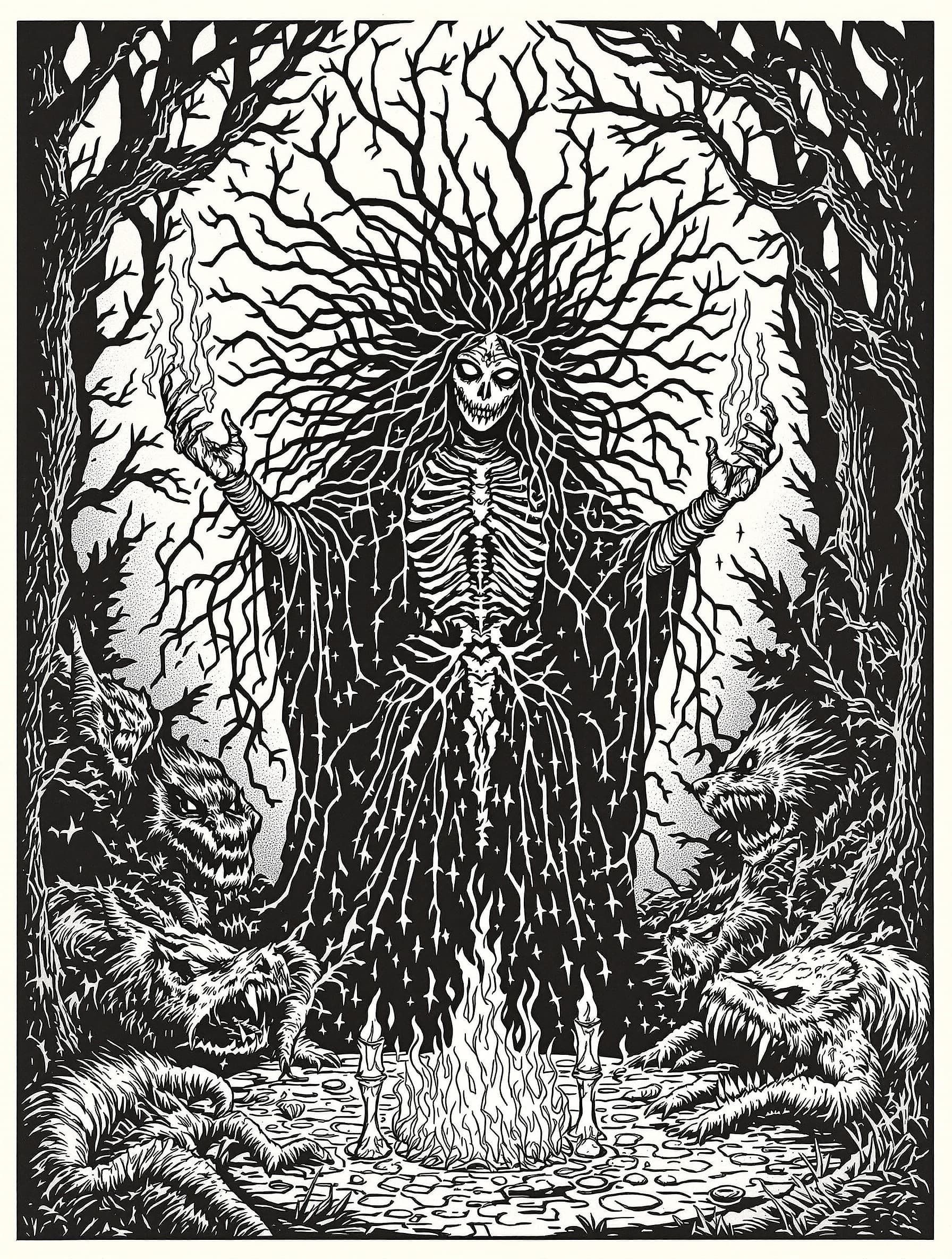 AI generated: Hexe Ancient witch with tangled hair, bone talismans, and hands casting curse-fire. Surrounded by en...