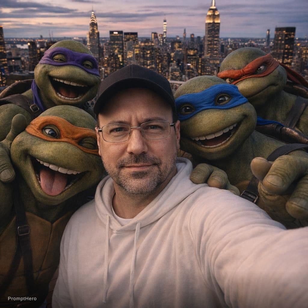AI generated: Create an Ultra realistic cinematic group selfie, vertical 9:16, twilight on a rooftop in New York C...