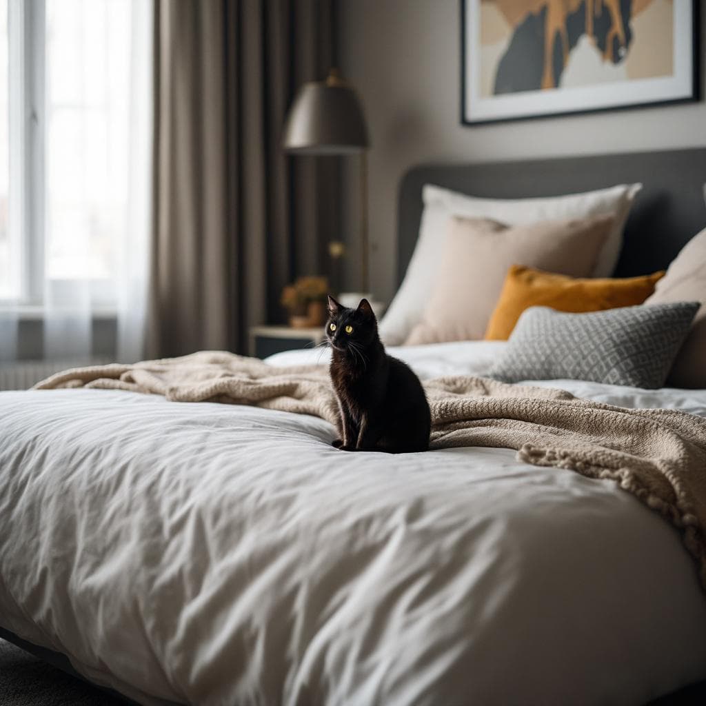 AI generated: Real photograph of a black cat sitting on the corner of the bed in a modern bedroom, 