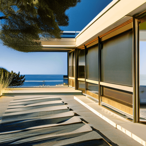 AI generated: Hyper realistic eye level exterior photo of a mid century modern style house overlooking the ocean, ...