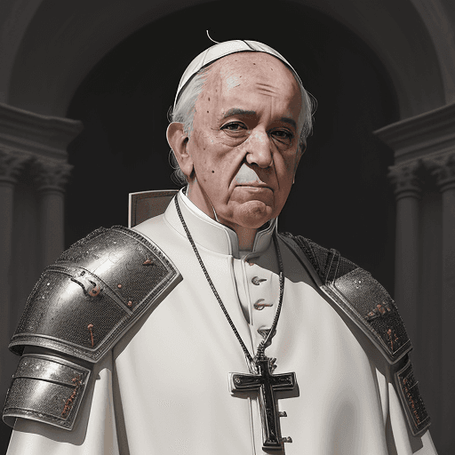 AI generated: A portrait of Pope Francis with cumbia villera outfit, with battle scars, armor, and cross, standing...