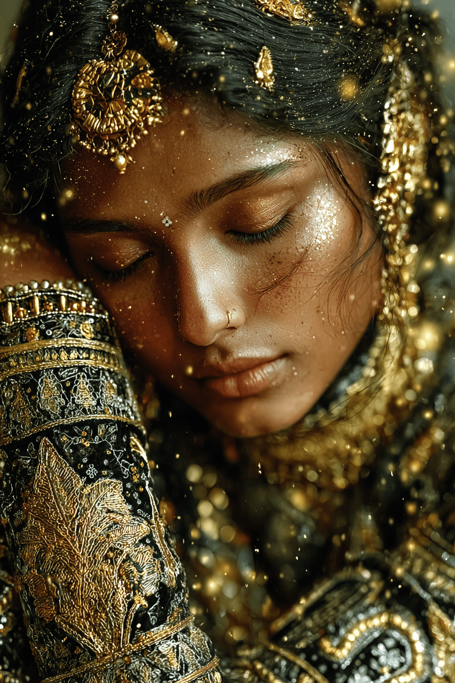 AI generated: A breathtakingly beautiful Indian woman in a regal pose, adorned in an intricately embroidered black...