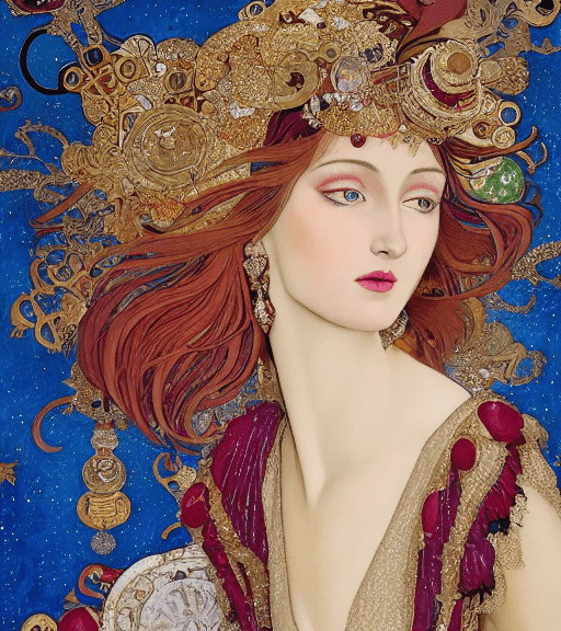 AI generated: high resolution 8k, Erté + Mucha + Balla master painter, Byzantine artwork, 
young lady close up fac...