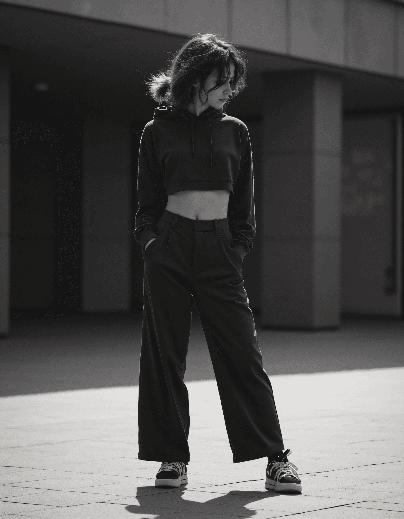 AI generated: Black and white photograph of a 25-year-old woman in a cropped hoodie and wide-leg pants, captured w...