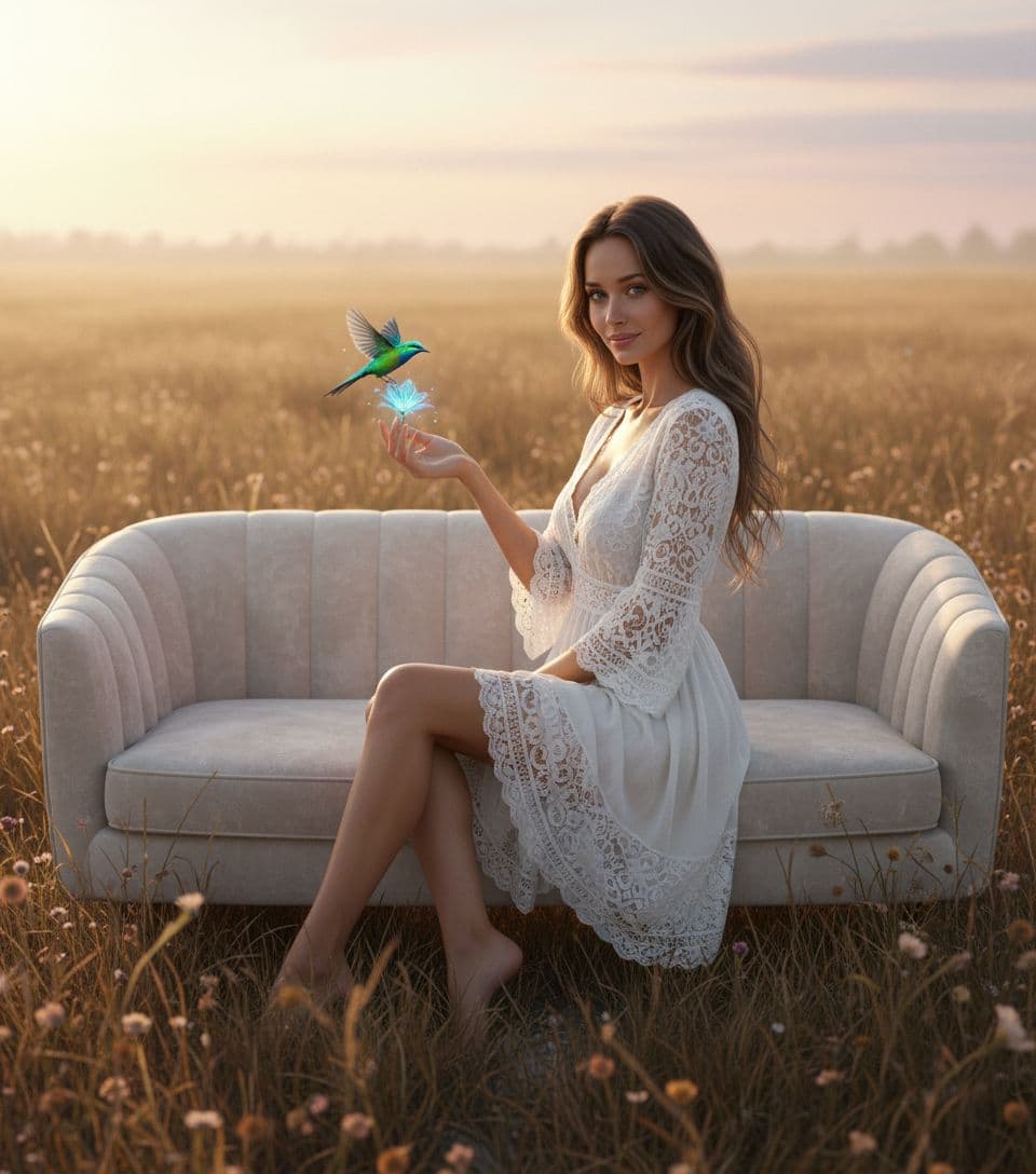 AI generated: a woman sitting on top of a couch in a field, skinny girl in white boho lanced short dress, l, allur...