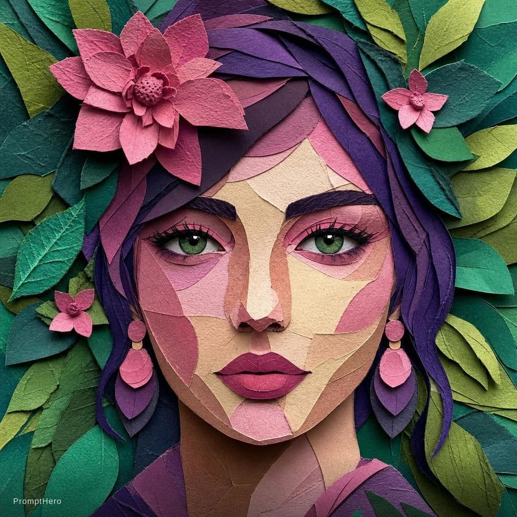 AI generated: 3d rendering, front view, woman face, paper work for a tactile style, select a color palette with vi...