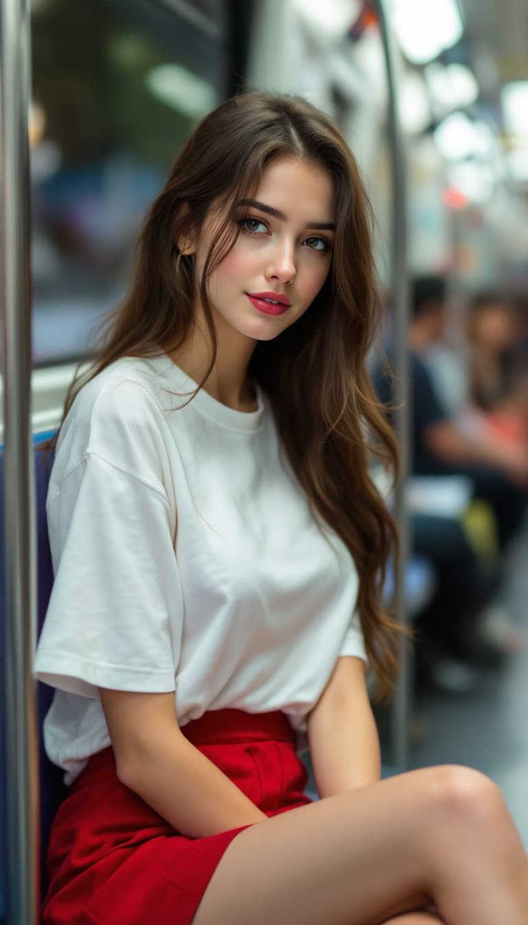 AI generated: very beautiful and cute girl in a red miniskirt and white t-shirt sits in a subway car