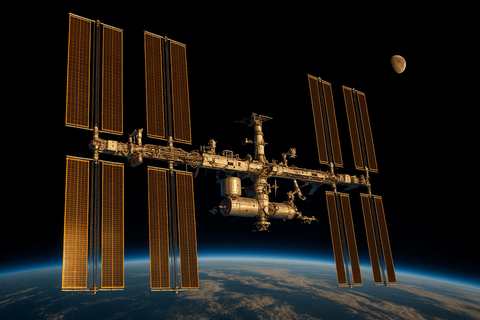 AI generated: A high-resolution photograph of the International Space Station (ISS) orbiting above Earth. The stat...
