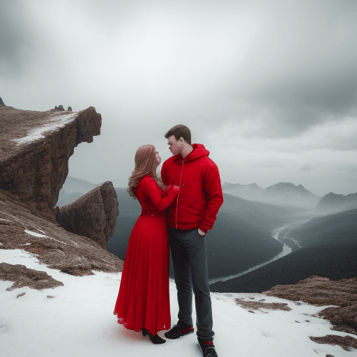 AI generated: Romantic couple in cloudy mountain. female is wearing red clothes
