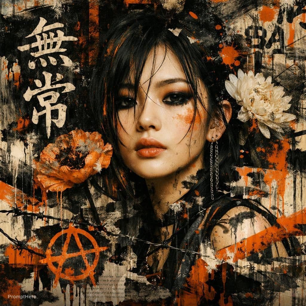 AI generated: Asian woman,beautiful face,black and orange color tones,wabi-sabi art,abstract ,punk collage ,urbanp...