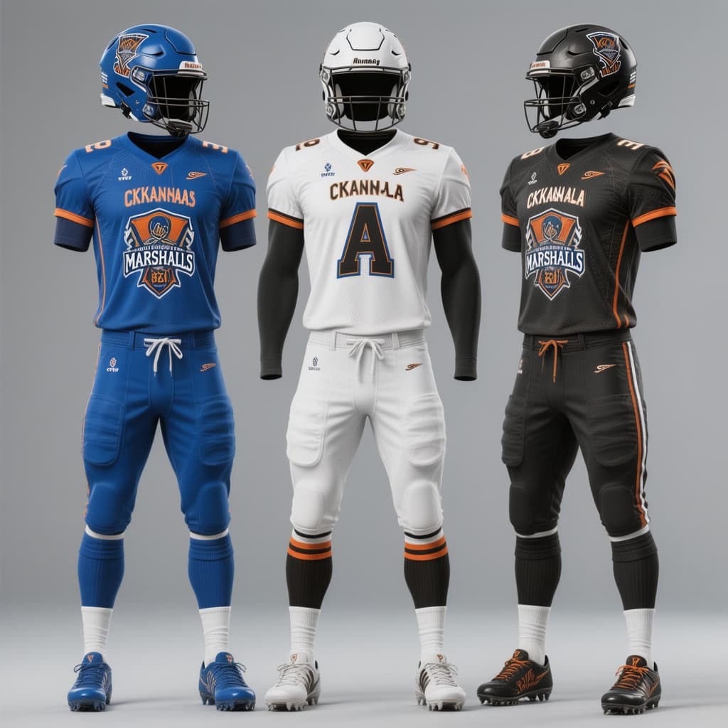 AI generated: A complete football uniform design board for the Oklahoma City Marshals, featuring the home, away, a...