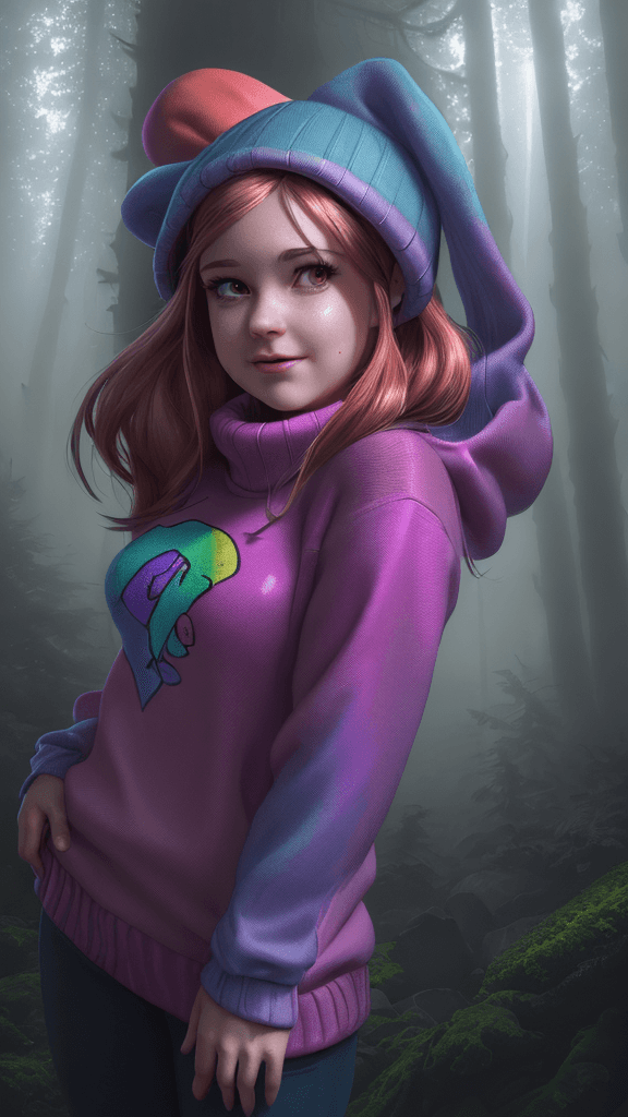 AI generated: (HDR1:1)Mabel Pines In favorite sweater, from Gravity Falls, captured in an epic photoart in the sty...