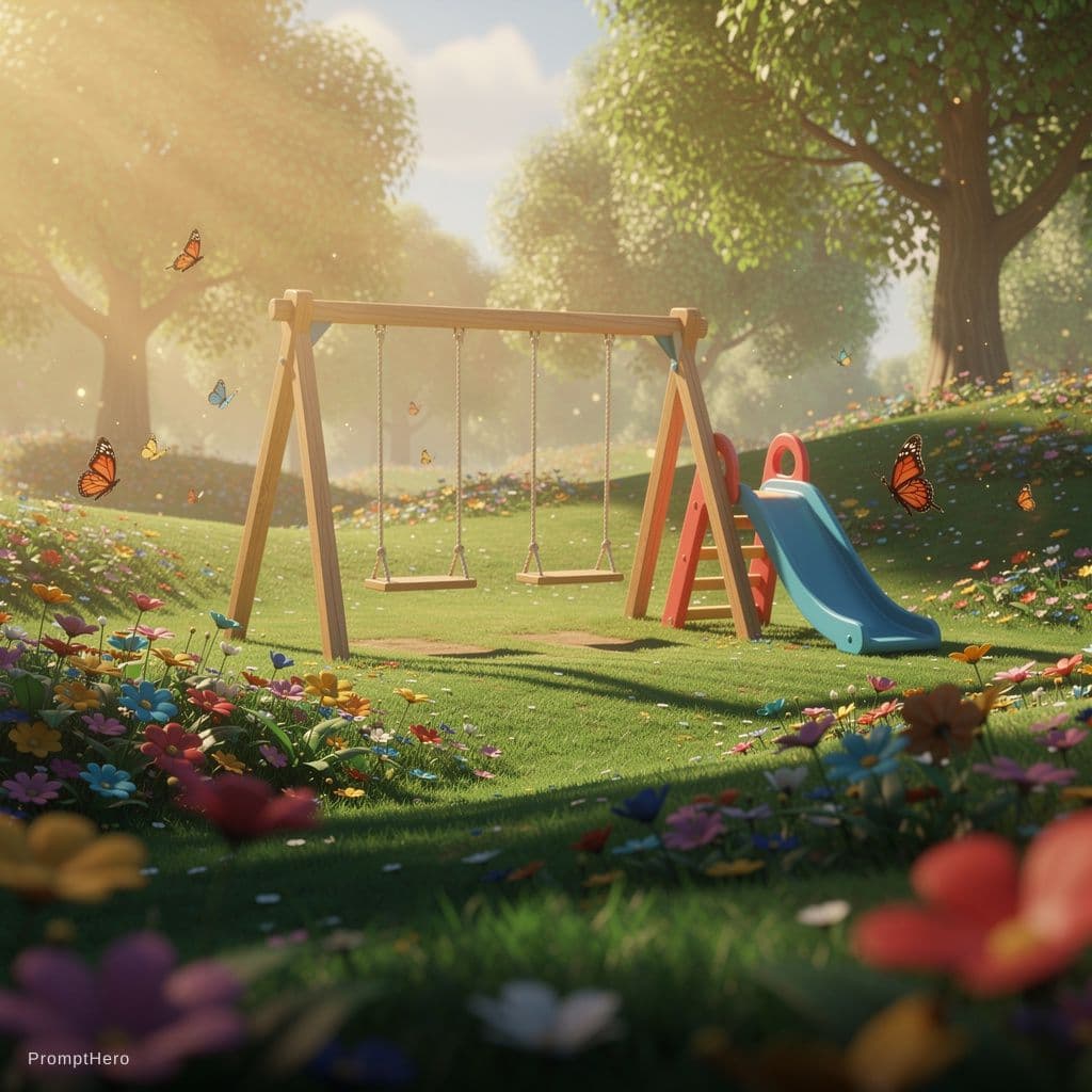 AI generated: Wide shot of a sunny magical garden, lush green grass, vibrant colorful flowers, butterflies driftin...