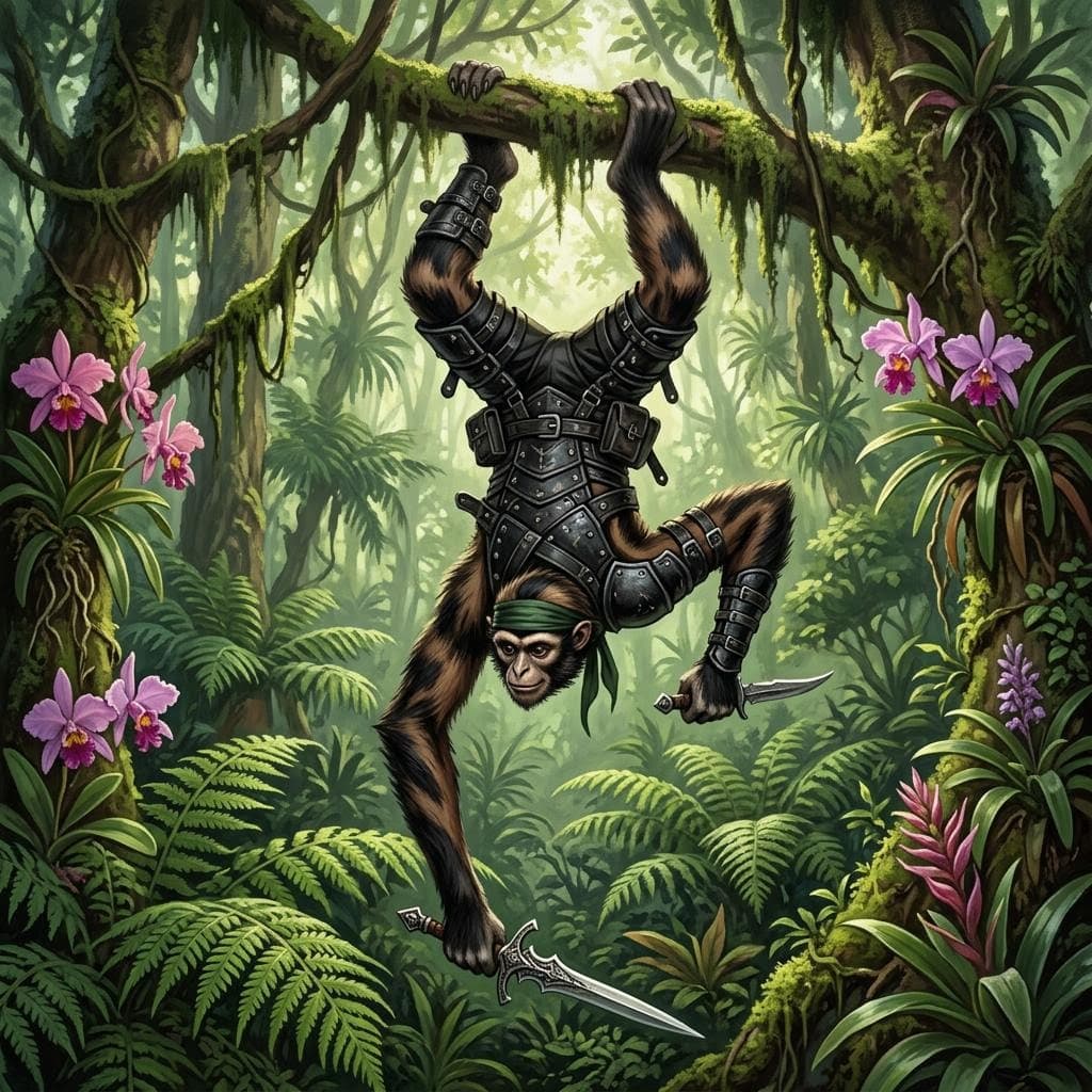 AI generated: character portrait of a male gibbon monkey man hybrid with dark brown fur with streaks of black and ...