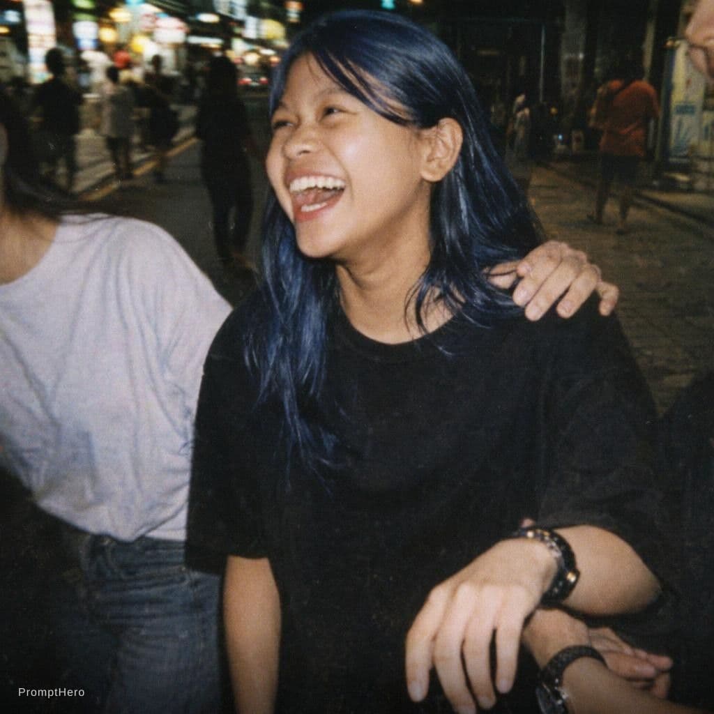 AI generated: photography, snapshot, disposable camera style, young korean girl, wearing a black oversized t-shirt...