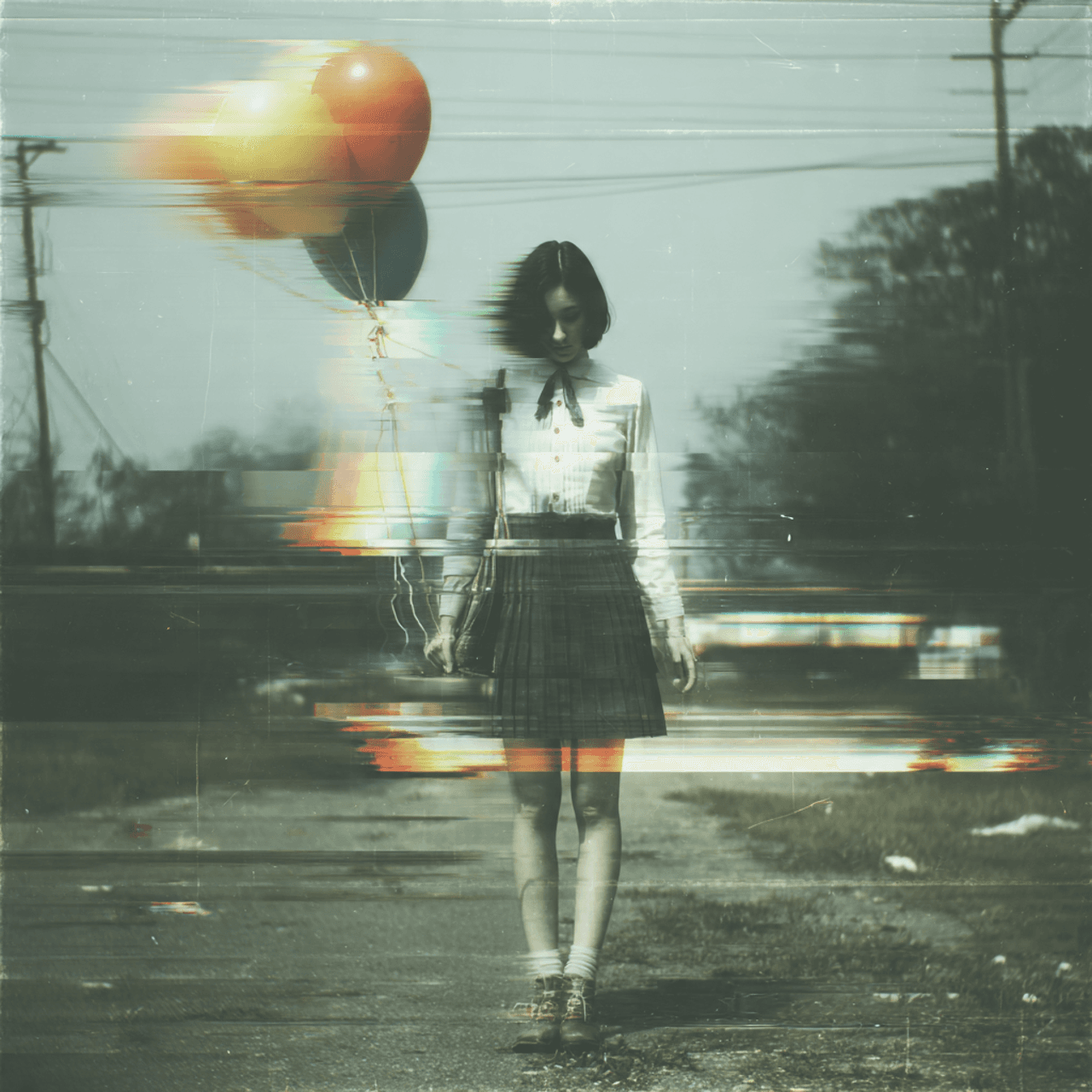 AI generated: Glitch art,Young japaneese female,balloons
