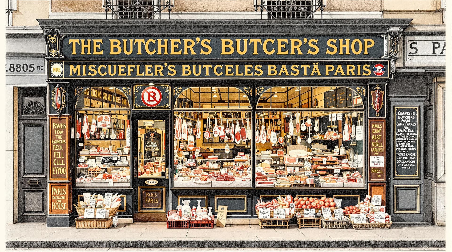 AI generated: Paris 1880, hyperrealistic illustration in vibrant colours, a facade of a butcher's shop, displays o...