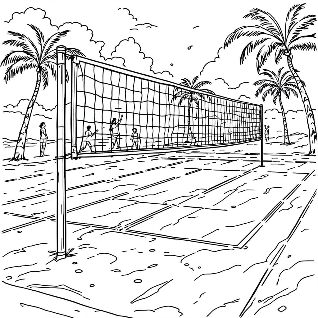 AI generated: Create a high-resolution black-and-white line drawing of a volleyball court. Include detailed elemen...