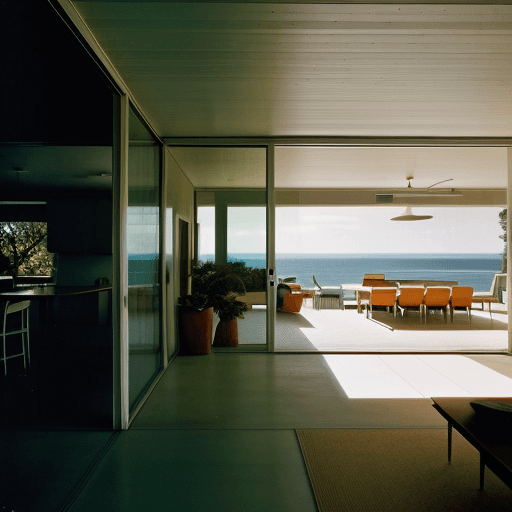 AI generated: Hyper realistic eye level exterior photo of a mid century modern style house overlooking the ocean, ...