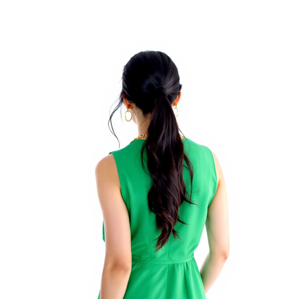 AI generated: a woman stands with her back turned to the viewer, her long dark hair cascades over her shoulders. S...