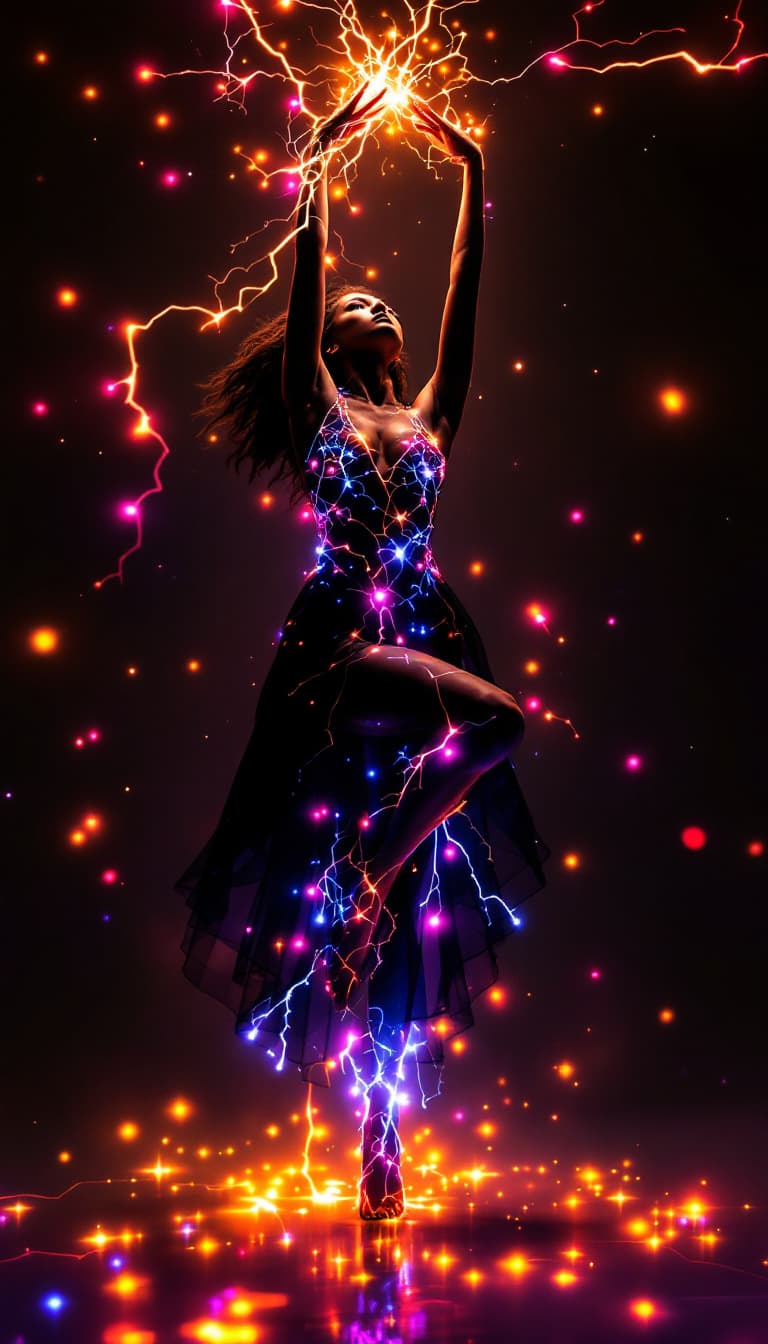 AI generated: A poised 19 year old girl, ascends elegantly on the tips of her toes, her arms stretching skyward as...