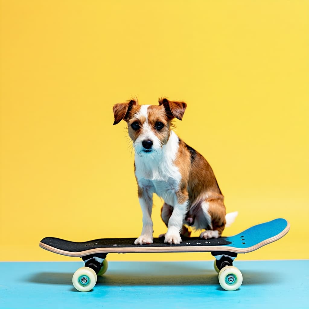 AI generated: blue skateboard with a dog riding 