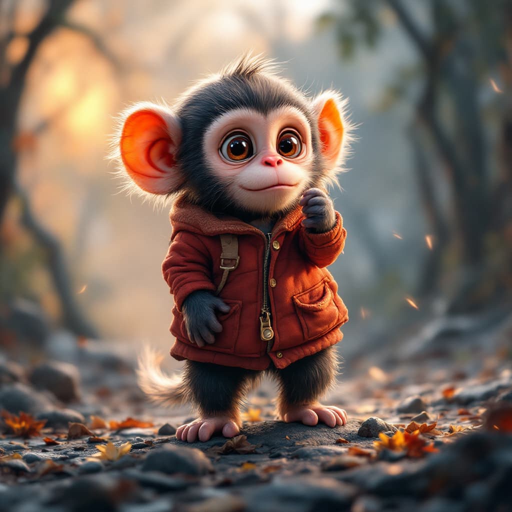 AI generated: cute [monkey/criature] on[ location], [clothes], full body, [lightning], concept art, ue5, reasit, 8...