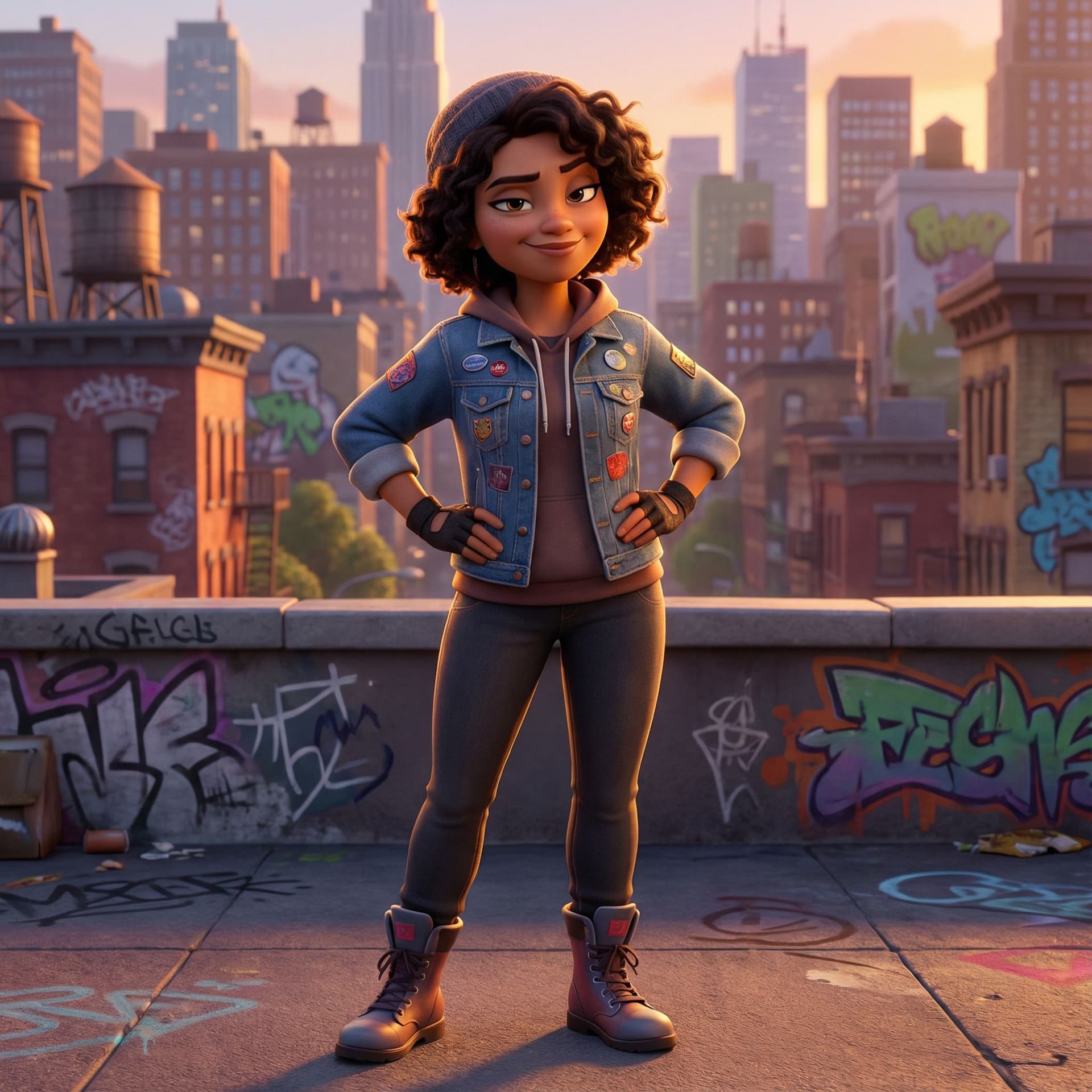 AI generated: Pixar-style rebellious female character, confident stance, sly smile, street-smart vibe, stylized ja...