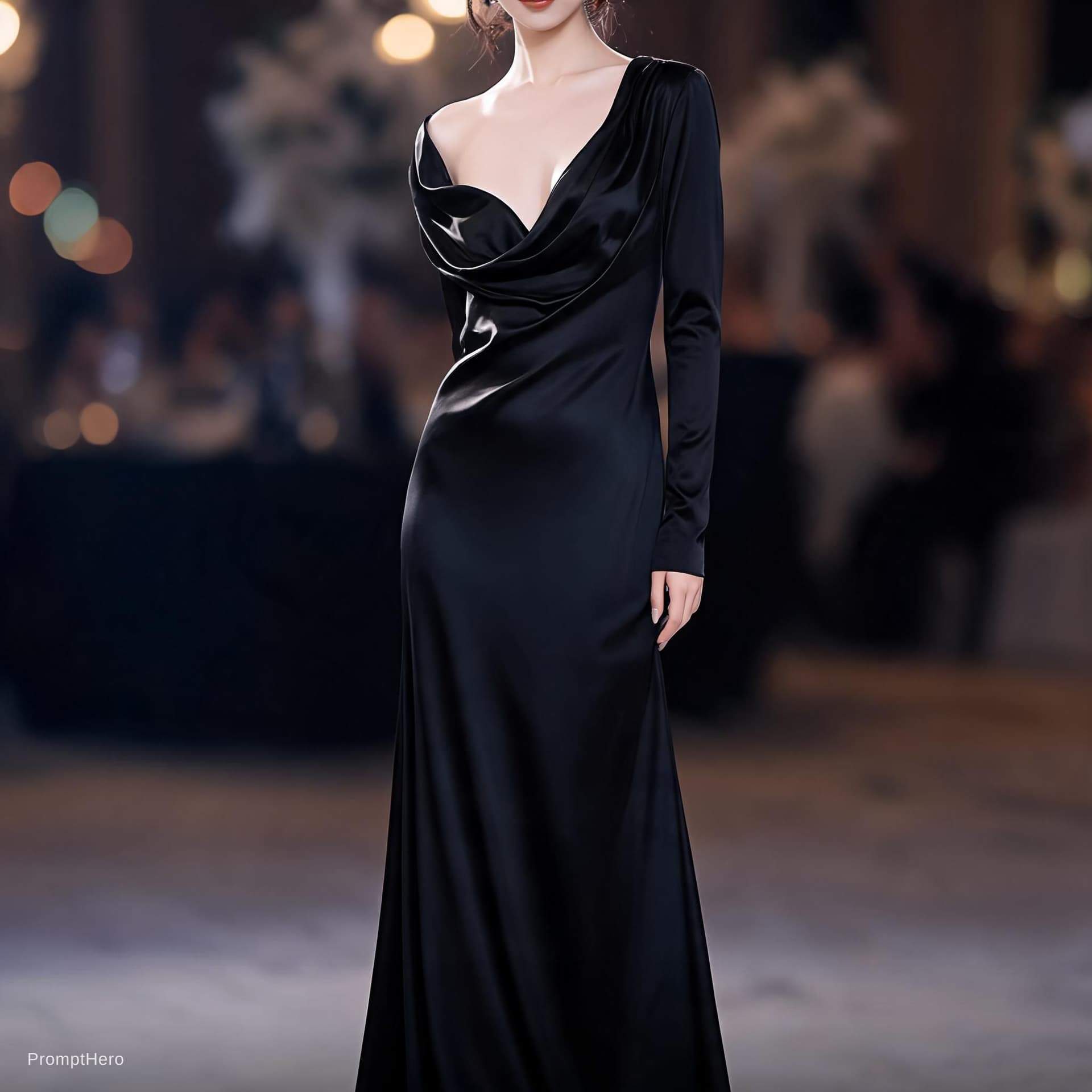 AI generated: black evening downblouse dress