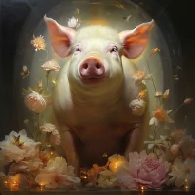 AI generated video: A pig looks around and sniffs the air as flowers fall around it.