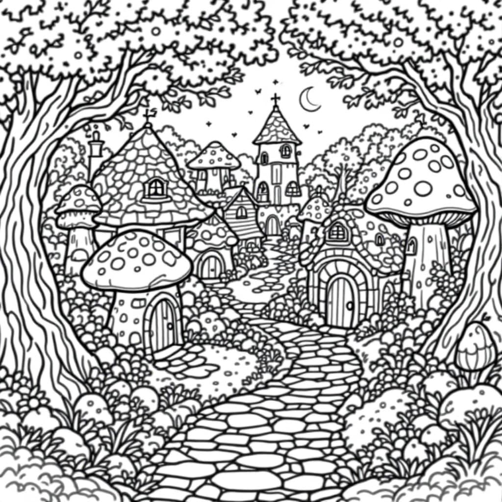 AI generated: Coloring book page,A  fairy village with mushroom houses and cobblestone paths no color